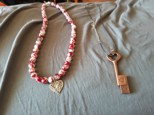 Handcrafted Necklace Set: Red and White Bead Duo + Heart Pendant